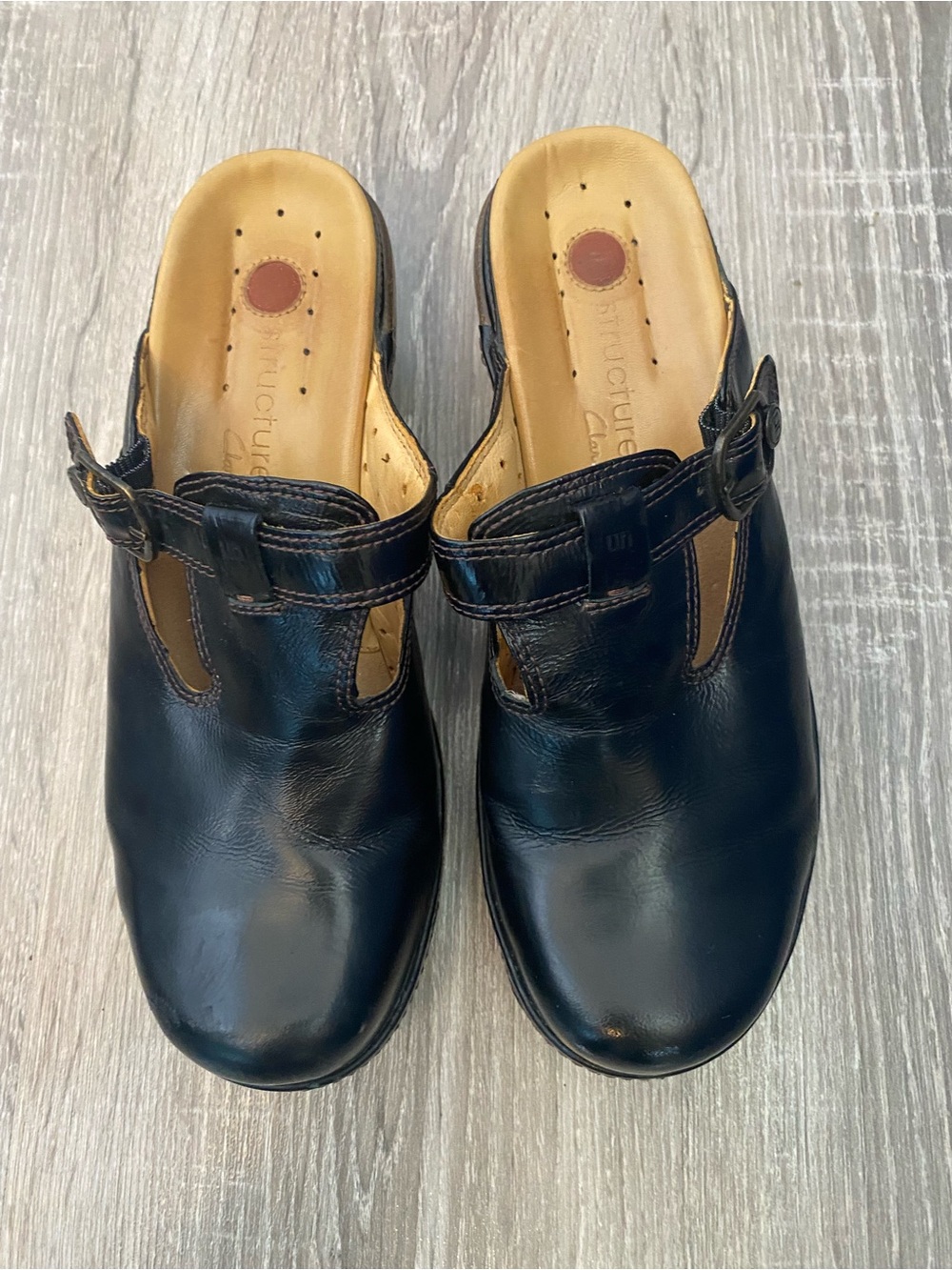 Vintage Clarks Black Slip-On Leather Clogs with Buckle